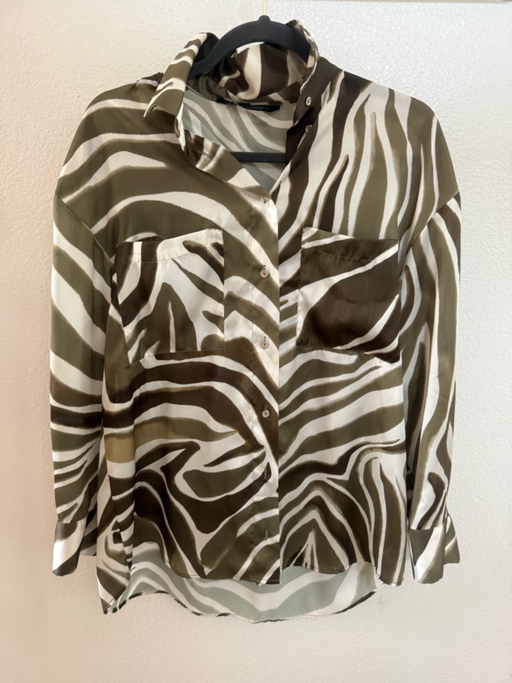 Zara Olive and White Zebra-Print Button-Front Blouse